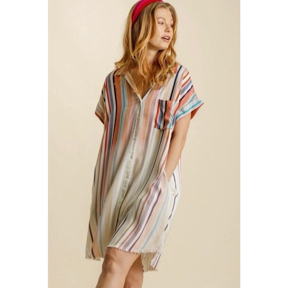 Umgee Women's Beachy Boho Resort Wear Bleached Striped‎ Mini Dress SZ Medium